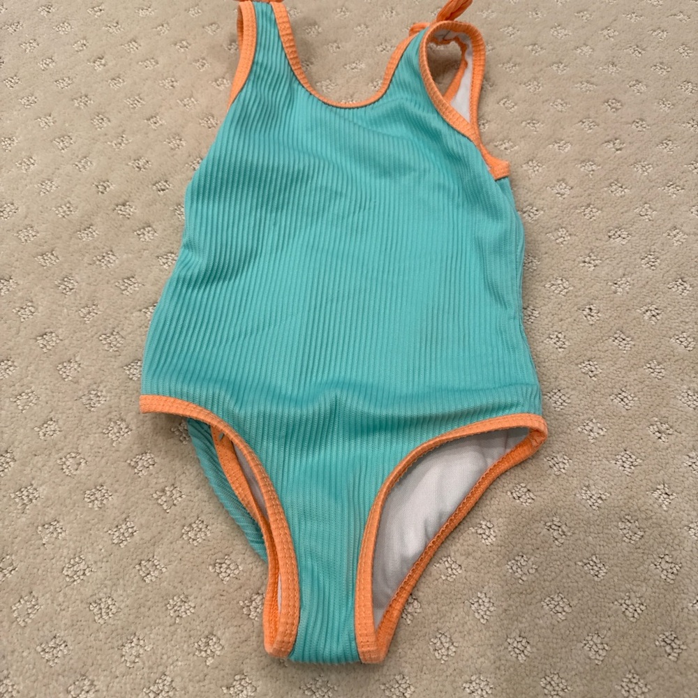 Cat & Jack Girls Swimsuit Ribbed Teal Orange Tie Strap One Piece